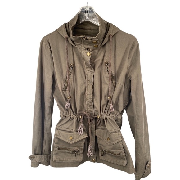 Kenna-T Olive Green Utility Jacket Cinched Waist Bronze Metal Detail Size Medium - Picture 11 of 11